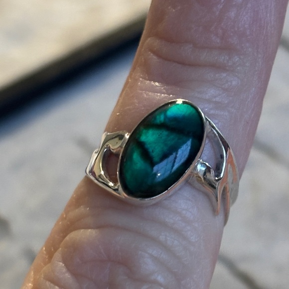 Elegant Sterling Silver and Green stone Oval Ring Sz 6 3/4 stamped 925 - Picture 6 of 7